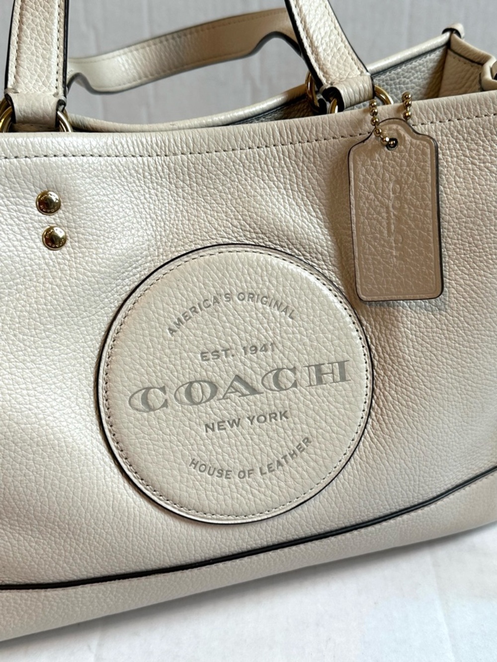 Coach Cream Leather Dempsey Tote Bag Boxy with Large Logo Detachable Strap Purse - Picture 2 of 12
